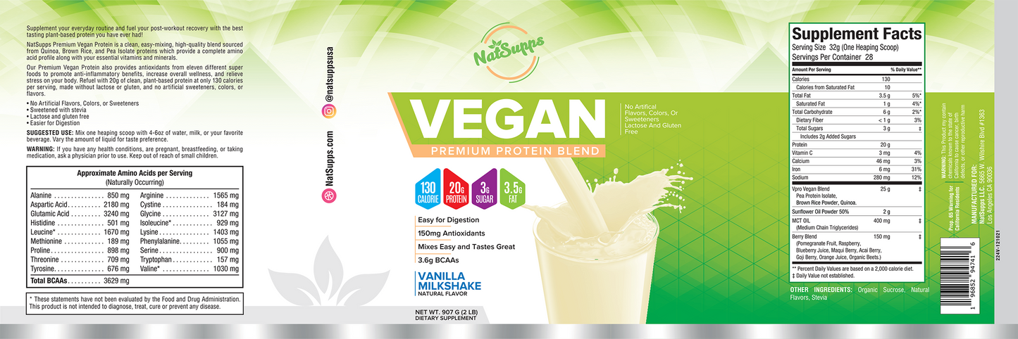 Close-up of the label and nutrition facts of NatSupps Vanilla Vegan protein