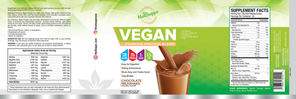 Close-up of the label and nutrition facts of NatSupps Chocolate Vegan protein